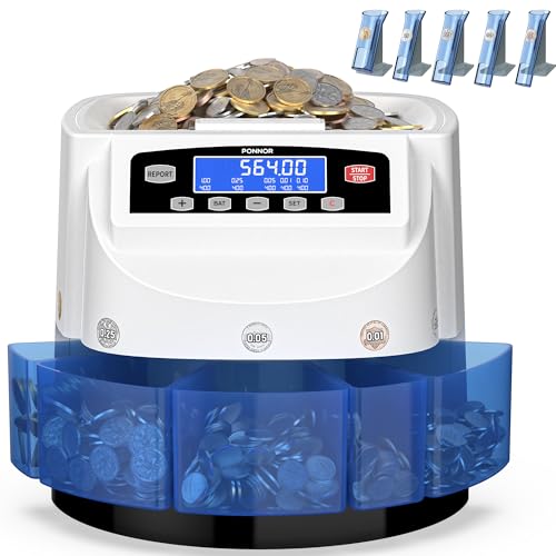 PONNOR Coin Counter Machine Sorter Change and Wrapper Roller Counting Organizer Sorts up to 300 Coins Per Minute Automatically Sorts and Batches - White