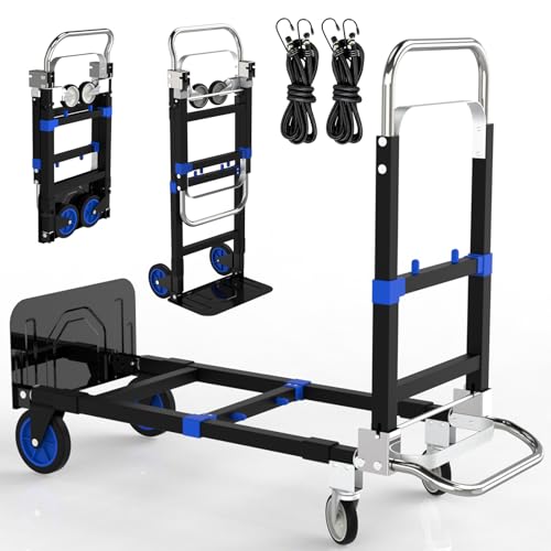 3 in 1 Collapsible Hand Truck Dolly Cart with Wheels Collapsible/Folding handtruck Dolly with IM & Straps/Portable/Adjustable Size/for Boxes/Cartons/Warehouse/Shopping/500 Lbs Load