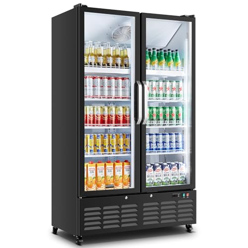 BODEGACOOLER Commercial Merchandiser Refrigerator, 2 Glass Door Display Refrigerator, 27.02 Cu.Ft Upright Beverage Display Cooler with Soft LED Light, Adjustable Shelves, 4 Strong Castors(Black)