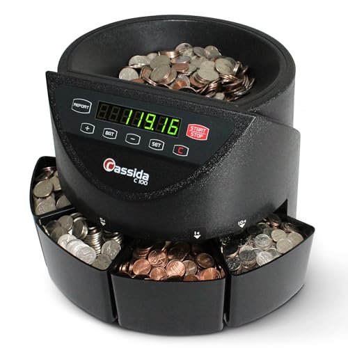Cassida C100 Electronic Coin Sorter/Counter, Countable coins 1¢, 5¢, 10¢, 25¢, 250 coins/min, 110 VAC