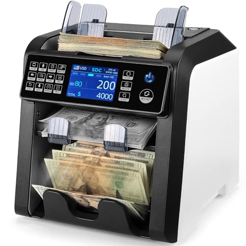 MUNBYN IMC08 Dual Money Counter Machine Mixed Denomination with Reject Pocket, Value Counting, Counterfeit Detection 2 CIS/UV/MG/IR, Sort&Print Enabled Cash Counter, Mixed Bill Counter (White)